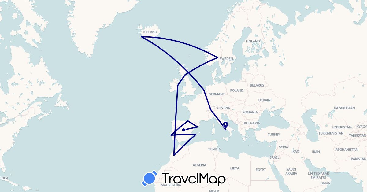 TravelMap itinerary: driving in Switzerland, Spain, United Kingdom, Ireland, Iceland, Italy, Morocco, Netherlands, Norway, Portugal (Africa, Europe)
